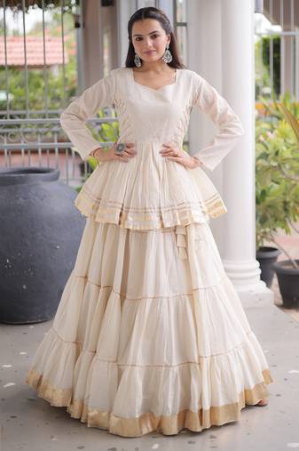 White Cotton Readymade Stitched Navratri Lehenga Choli with Gota-Patti & Lace Work