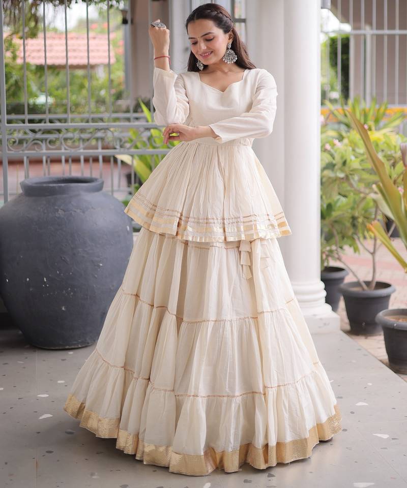 White Cotton Readymade Navratri Lehenga Choli with Gota-Patti & Lace Work