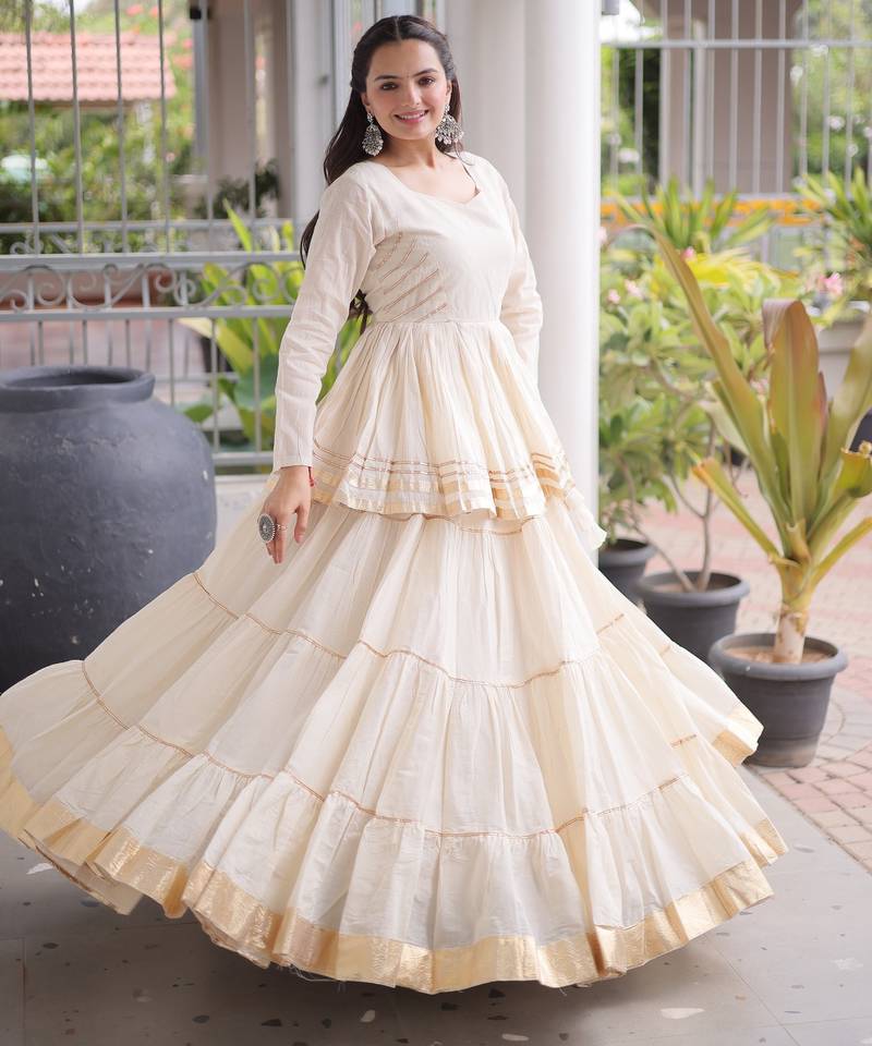 White Cotton Readymade Navratri Lehenga Choli with Gota-Patti & Lace Work