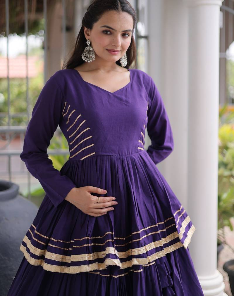 Violet Cotton Readymade Navratri Lehenga Choli with Gota-Patti & Lace Work
