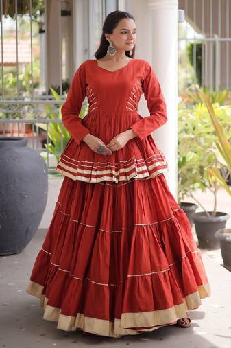 Rust Cotton Readymade Stitched Navratri Lehenga Choli with Gota-Patti & Lace Work