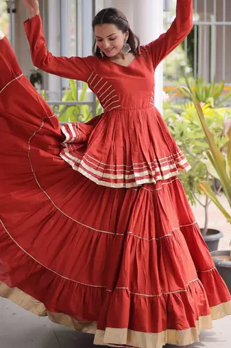 Rust Cotton Readymade Navratri Lehenga Choli with Gota-Patti & Lace Work