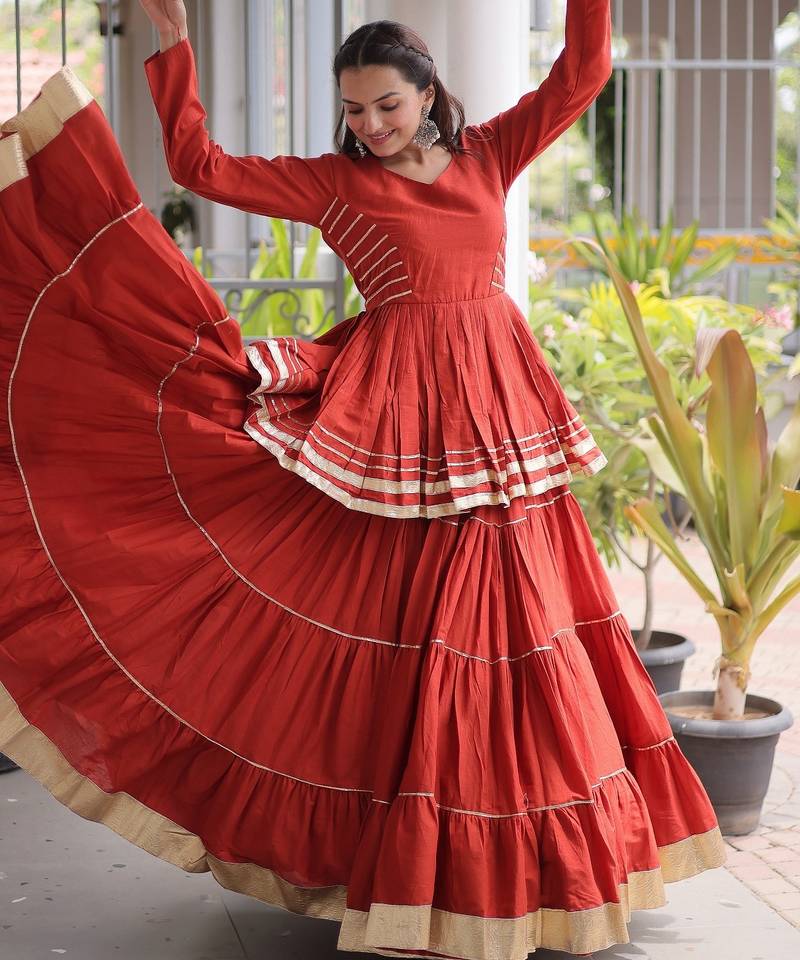 Rust Cotton Readymade Navratri Lehenga Choli with Gota-Patti & Lace Work