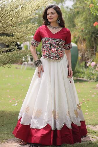 White-Red Silk Readymade Stitched Navratri Lehenga Choli with Kutchi Gamthi Embroidered Work & Codi lace