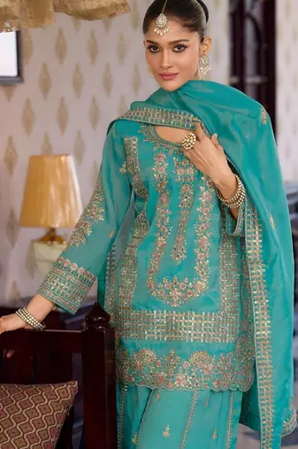 Women Ethnic Motifs Embroidered Sequinned Kurta with Palazzos & With Dupatta
