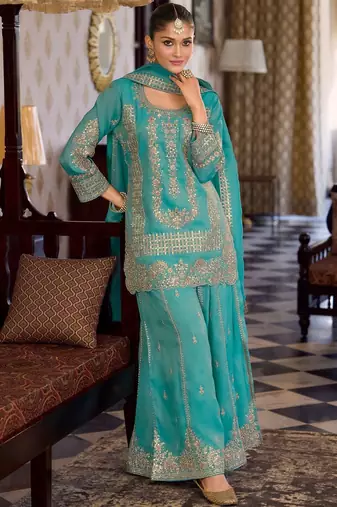 Women Ethnic Motifs Embroidered Sequinned Kurta with Palazzos & With Dupatta