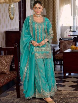 Women Ethnic Motifs Embroidered Sequinned Kurta with Palazzos & With Dupatta 1
