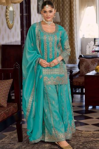 Women Ethnic Motifs Embroidered Sequinned Kurta with Palazzos & With Dupatta