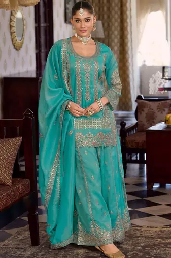 Women Ethnic Motifs Embroidered Sequinned Kurta with Palazzos & With Dupatta