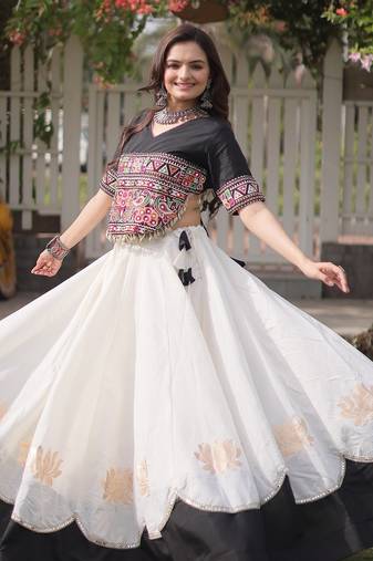 White-Black Silk Readymade Stitched Navratri Lehenga Choli with Kutchi Gamthi Embroidered Work & Codi lace