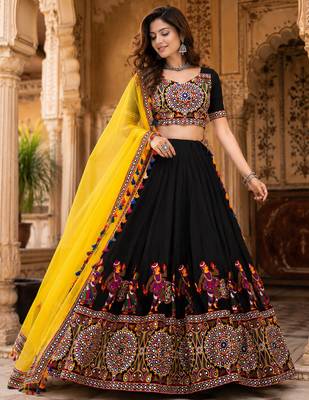 Black Mirror Work Faux Georgette Navratri Lehenga Choli Set 1