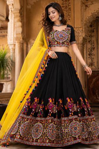 Black Mirror Work Faux Georgette Navratri Lehenga Choli Set