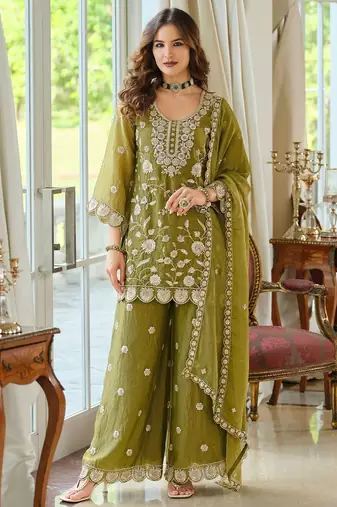 Women Ethnic Motifs Embroidered Thread Work Kurta with Palazzos & With Dupatta