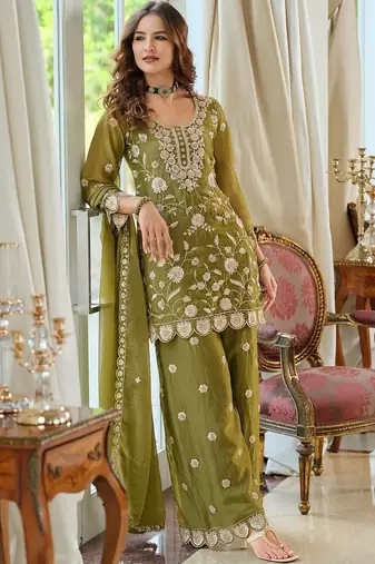 Women Ethnic Motifs Embroidered Thread Work Kurta with Palazzos & With Dupatta