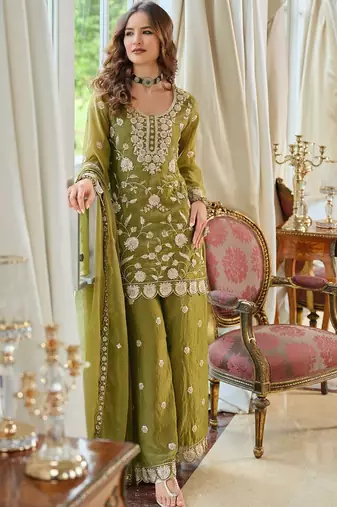 Women Ethnic Motifs Embroidered Thread Work Kurta with Palazzos & With Dupatta