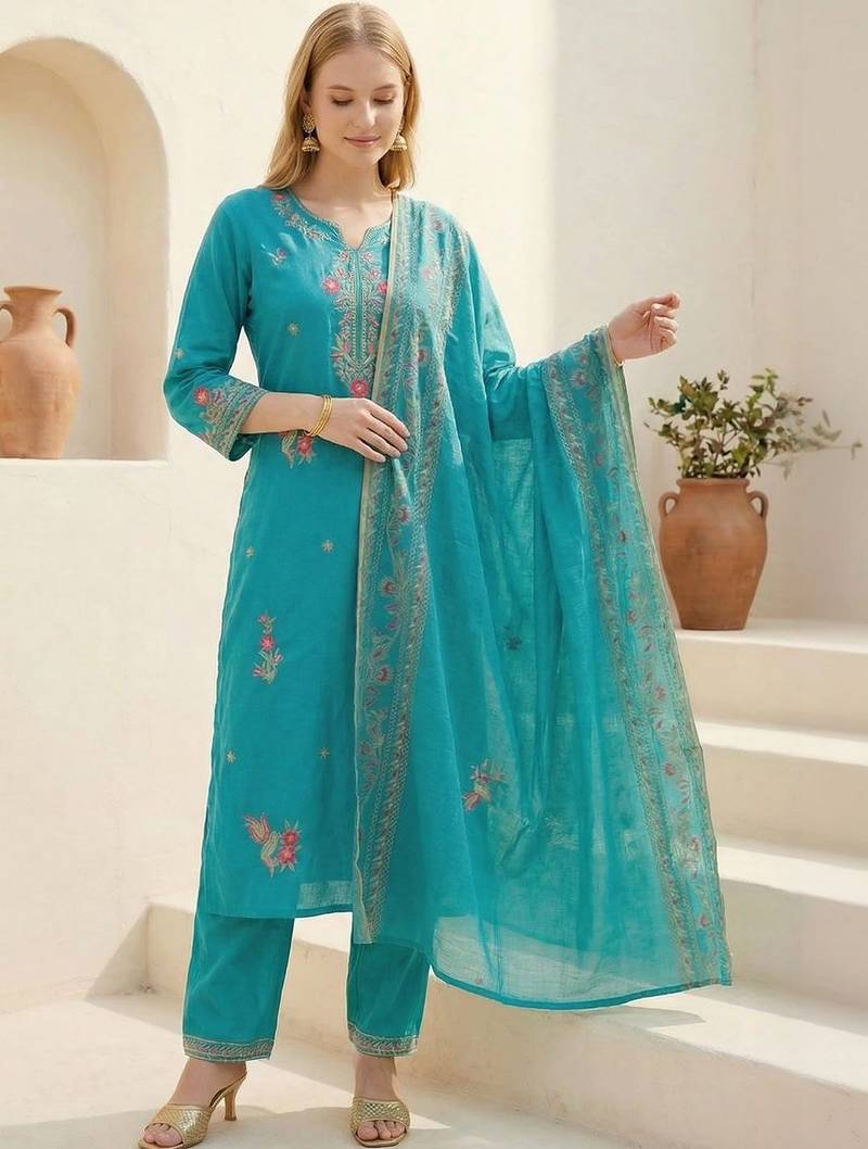 Women Floral Embroidered Thread Work Kurta with Trousers & With Dupatta