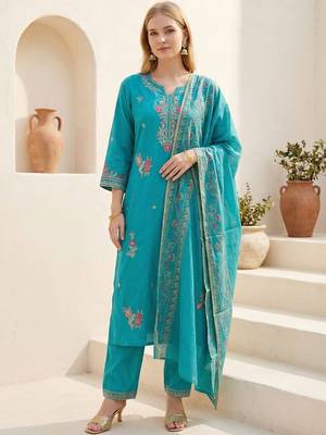 Women Floral Embroidered Thread Work Kurta with Trousers & With Dupatta 4