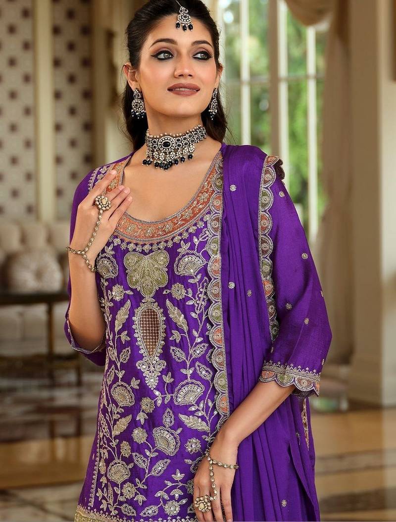 Women Ethnic Motifs Embroidered Kurta with Sharara & With Dupatta