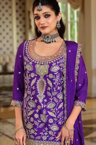 Women Ethnic Motifs Embroidered Kurta with Sharara & With Dupatta