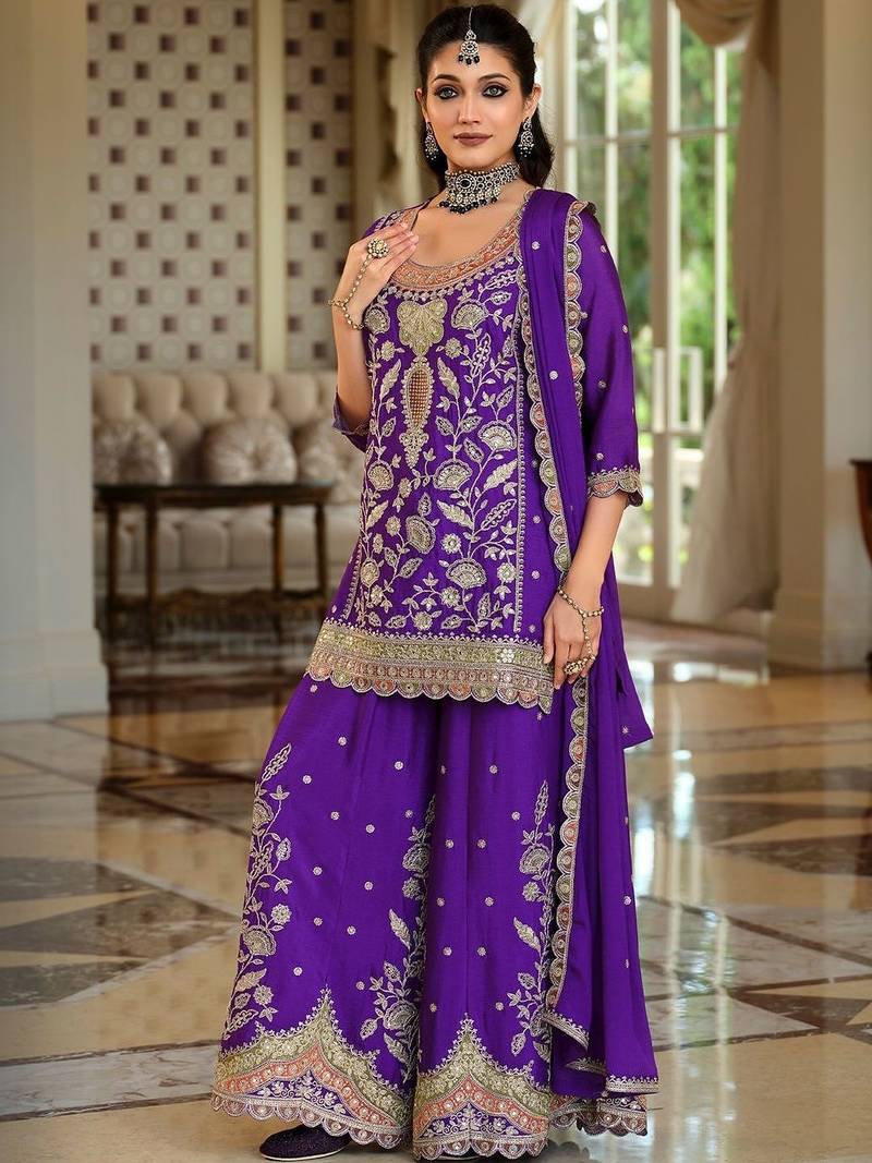 Women Ethnic Motifs Embroidered Kurta with Sharara & With Dupatta