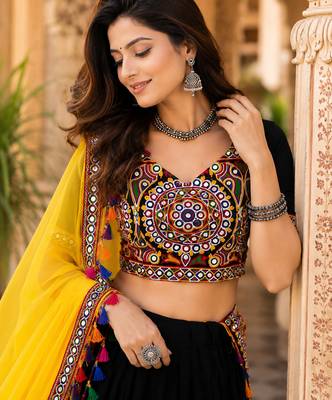 Black Mirror Work Faux Georgette Navratri Lehenga Choli Set 2