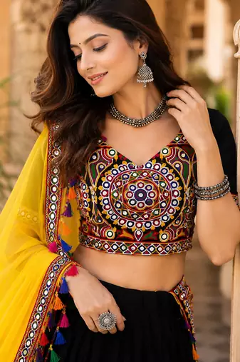 Black Mirror Work Faux Georgette Navratri Lehenga Choli Set