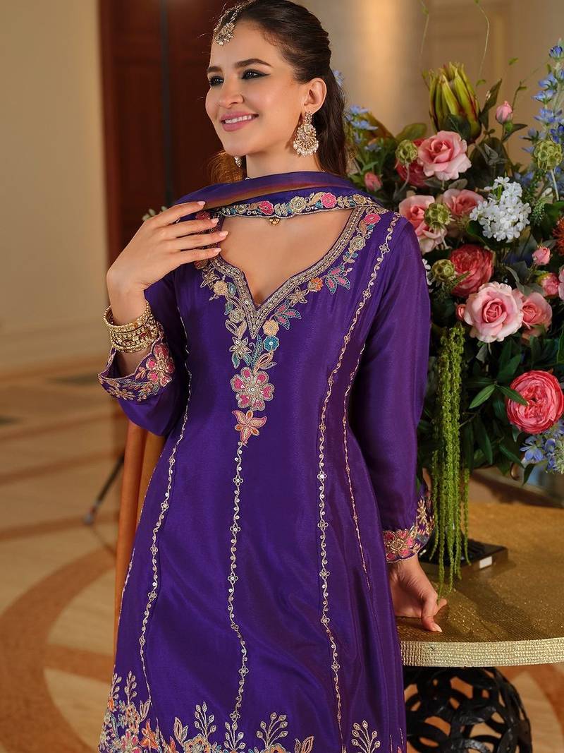 Women Ethnic Motifs Embroidered Thread Work Kurta with Palazzos & With Dupatta