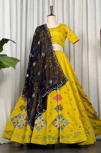 Yellow Silk Readymade Stitched Navratri Lehenga Choli with Embroidery & Sequence Work