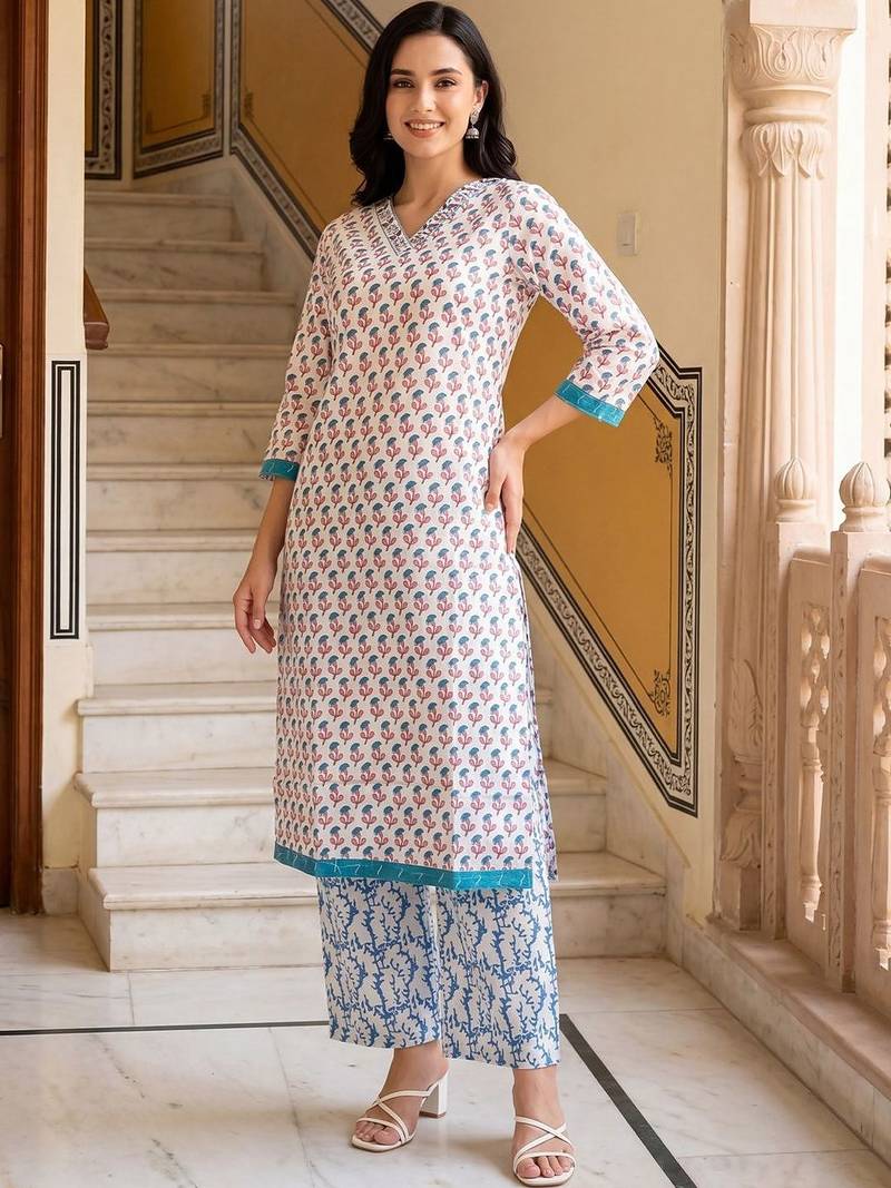 Women Ethnic Motifs Printed Cotton Kurta with Palazzos
