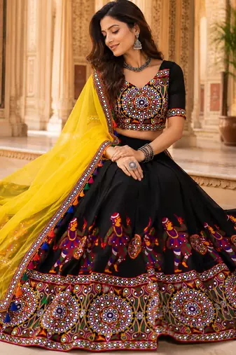 Black Mirror Work Faux Georgette Navratri Lehenga Choli Set