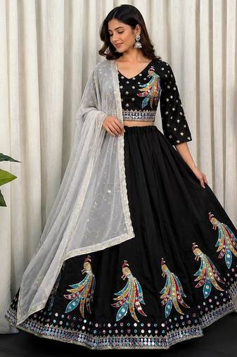 Black Silk Readymade Stitched Navratri Lehenga Choli with Thread Embroidery & Sequence Work