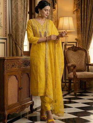 Women Ethnic Motifs Embroidered Thread Work Kurta with Trousers & With Dupatta 1