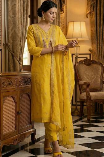 Women Ethnic Motifs Embroidered Thread Work Kurta with Trousers & With Dupatta