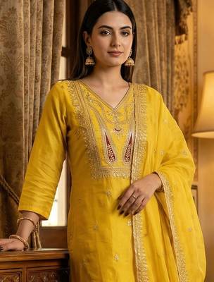 Women Ethnic Motifs Embroidered Thread Work Kurta with Trousers & With Dupatta 2