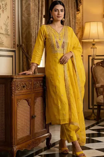 Women Ethnic Motifs Embroidered Thread Work Kurta with Trousers & With Dupatta