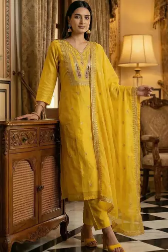 Women Ethnic Motifs Embroidered Thread Work Kurta with Trousers & With Dupatta
