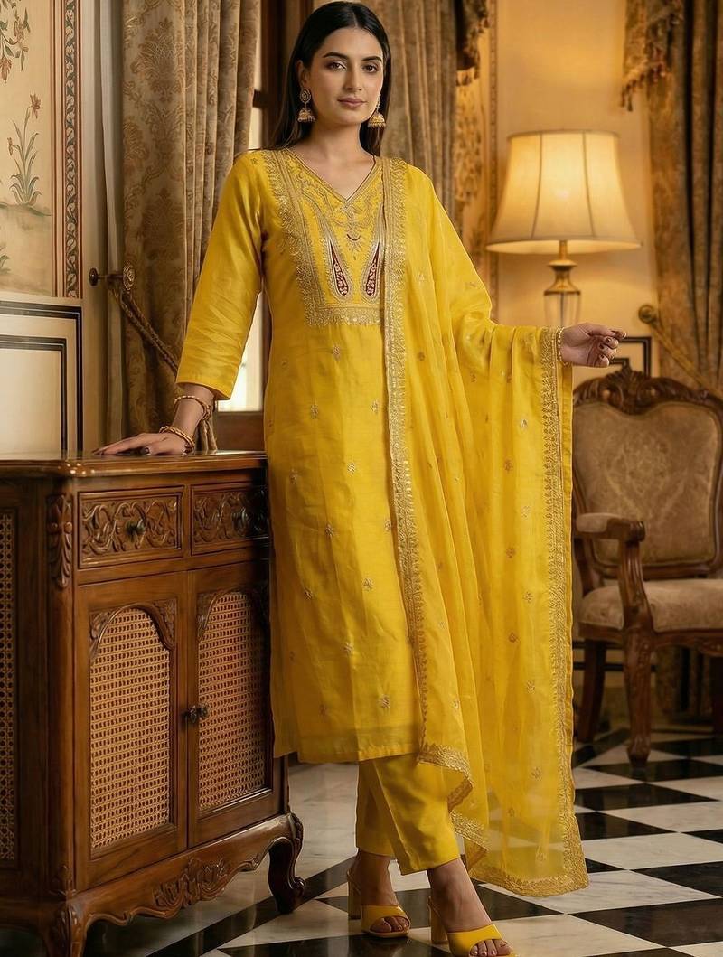 Women Ethnic Motifs Embroidered Thread Work Kurta with Trousers & With Dupatta