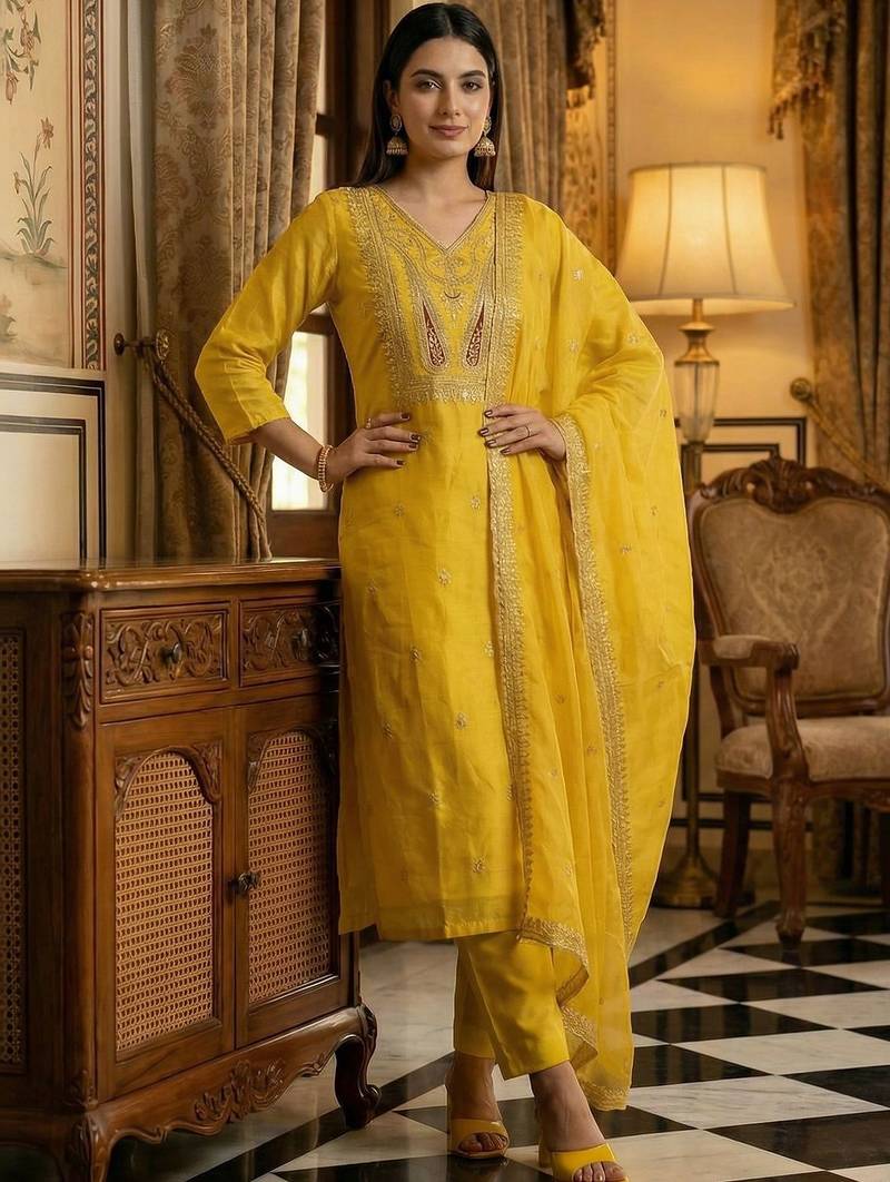 Women Ethnic Motifs Embroidered Thread Work Kurta with Trousers & With Dupatta