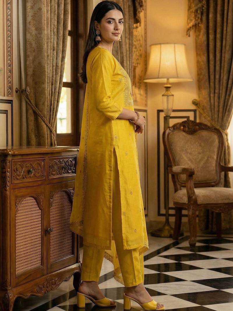Women Ethnic Motifs Embroidered Thread Work Kurta with Trousers & With Dupatta