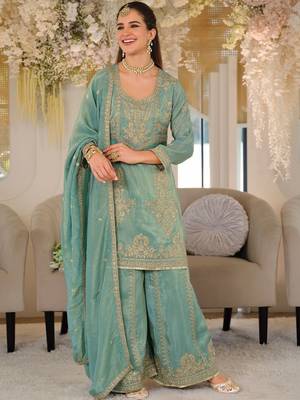 Women Ethnic Motifs Embroidered Thread Work Kurta with Sharara & With Dupatta 1