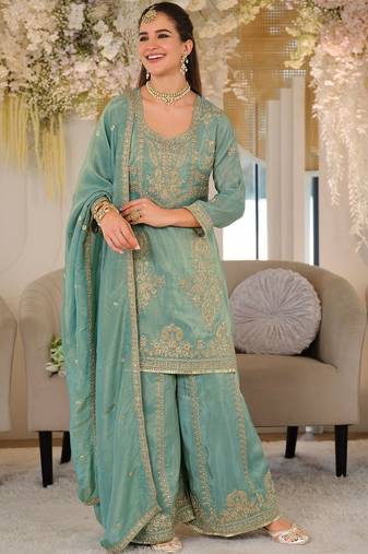 Women Ethnic Motifs Embroidered Thread Work Kurta with Sharara & With Dupatta