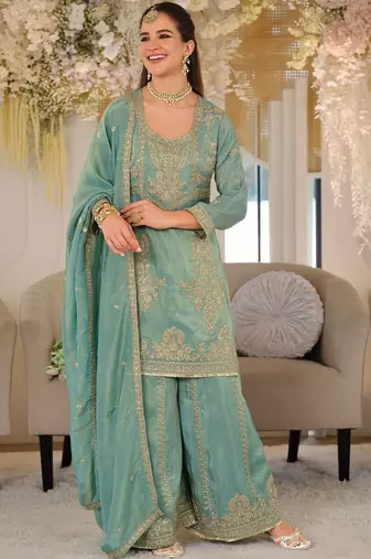 Women Ethnic Motifs Embroidered Thread Work Kurta with Sharara & With Dupatta