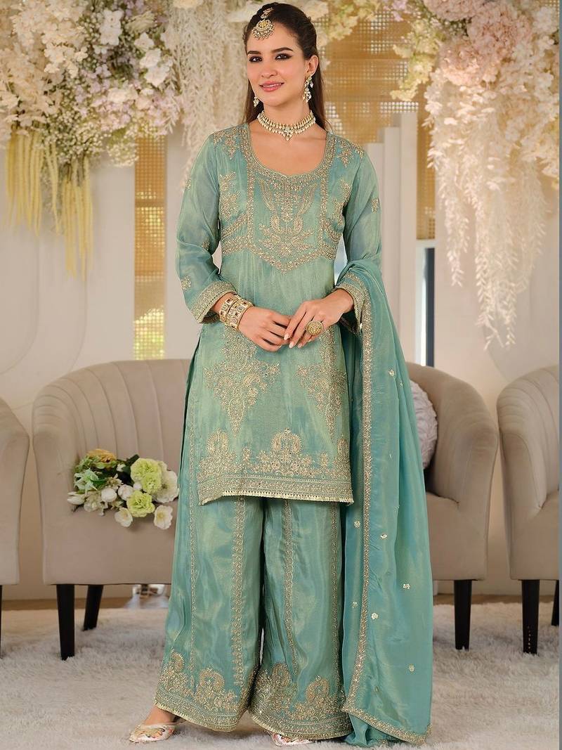 Women Ethnic Motifs Embroidered Thread Work Kurta with Sharara & With Dupatta