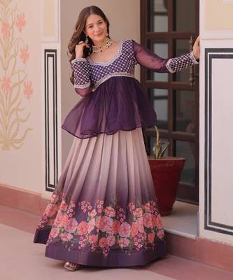 Violet Silk Readymade Lehenga Choli with Beads Embroidered & Printed Work 1