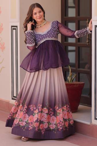 Violet Silk Readymade Lehenga Choli with Beads Embroidered & Printed Work