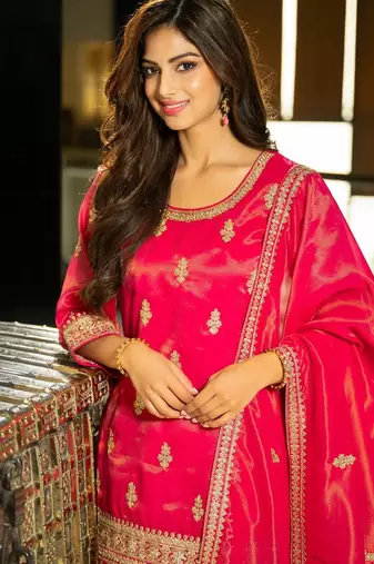 Floral Embroidered Sequnnied Straight Kurta With Palazzos & Dupatta