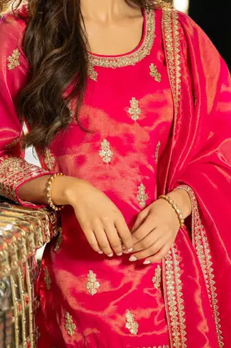 Floral Embroidered Sequnnied Straight Kurta With Palazzos & Dupatta