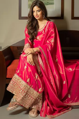 Floral Embroidered Sequnnied Straight Kurta With Palazzos & Dupatta