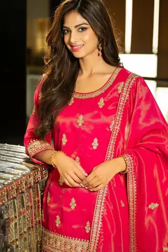 Floral Embroidered Sequnnied Straight Kurta With Palazzos & Dupatta