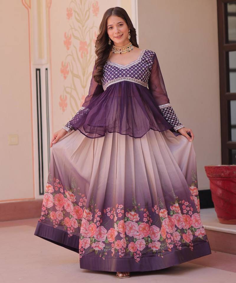 Violet Silk Readymade Lehenga Choli with Beads Embroidered & Printed Work